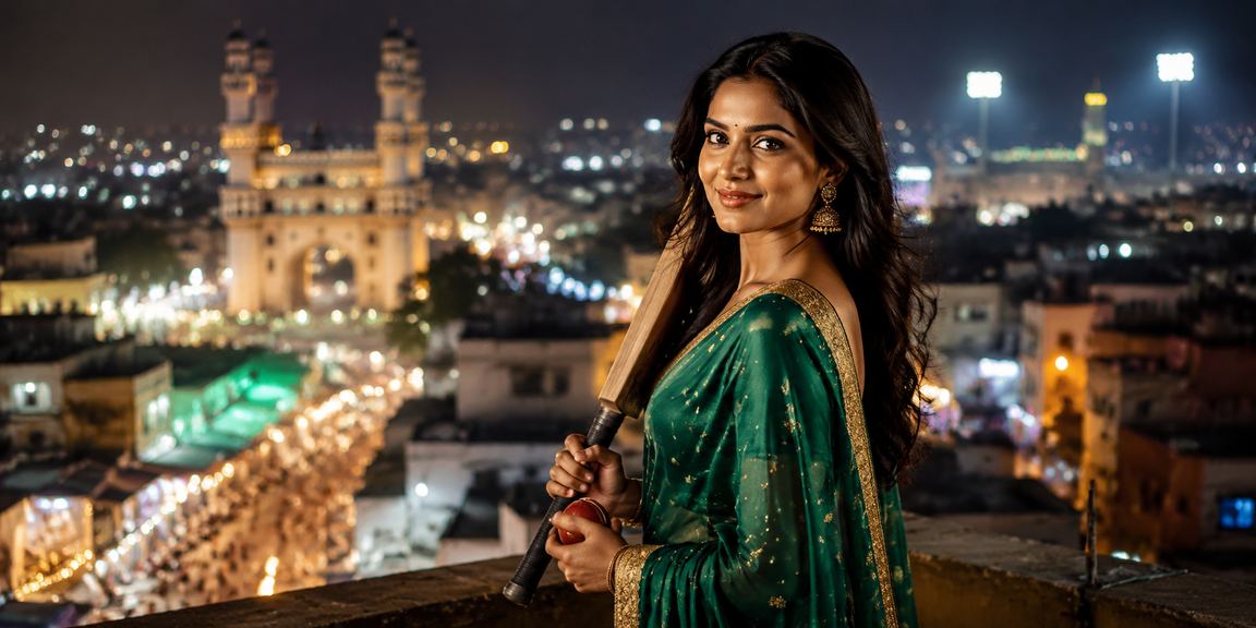 Evening cityscape of Hyderabad with Charminar and cricket imagery