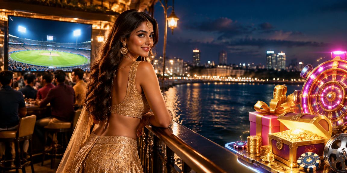 Festive cricket betting scene with player in traditional Indian lehenga