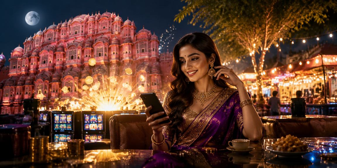 Mobile casino scene at night market in Jaipur