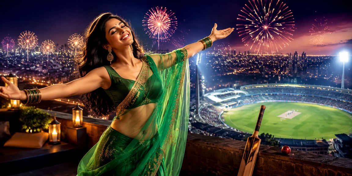 Indian woman placing a cricket bet using mobile payment app in Pune